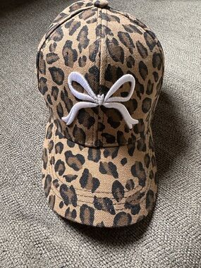 Leopard Print Baseball Cap with White Bow Accent